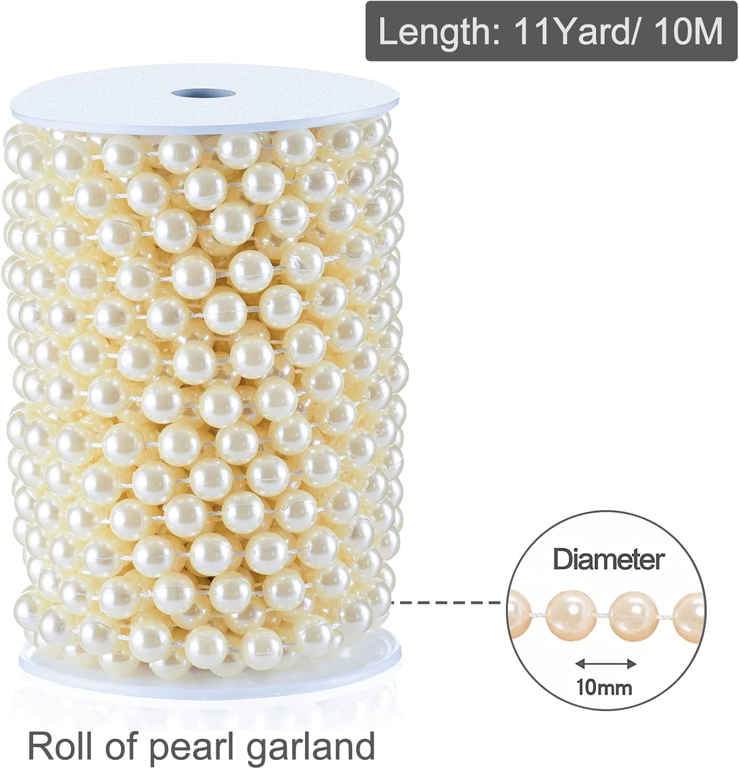 XINHUIDALSQ Craft String of Pearls 10 MM Faux Pearl Beaded, 33 Feet Ivory Garland Bead String for Christmas Tree Decorations, Wedding Party Decoration(Ivory, 10mm/10M)