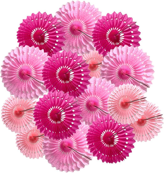 15pcs Pink Tissue Paper Fans Set - 6''/8''/10'' Round Honeycomb Fans for Party, Birthday, Wedding Events
