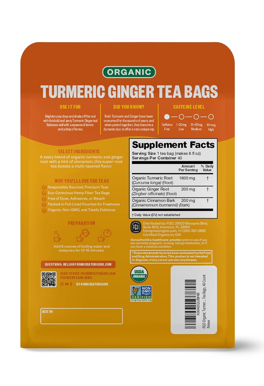 FGO Organic Turmeric Ginger Herbal Tea, 40 Count, Eco-Conscious Tea Bags, Caffeine Free (Pack of 1)