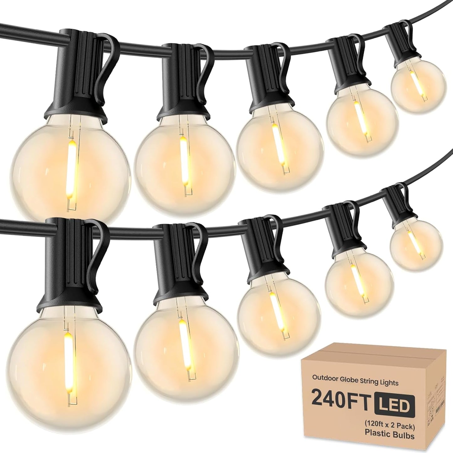 RTTY Outdoor String Lights 240 ft, 2 Pack 120 ft G40 Led Patio Lights with 62pcs Bulbs,Shatterproof Waterproof Connectable Hanging for Porch Cafe Bistro Backyard Gazebo Balcony Deck Party