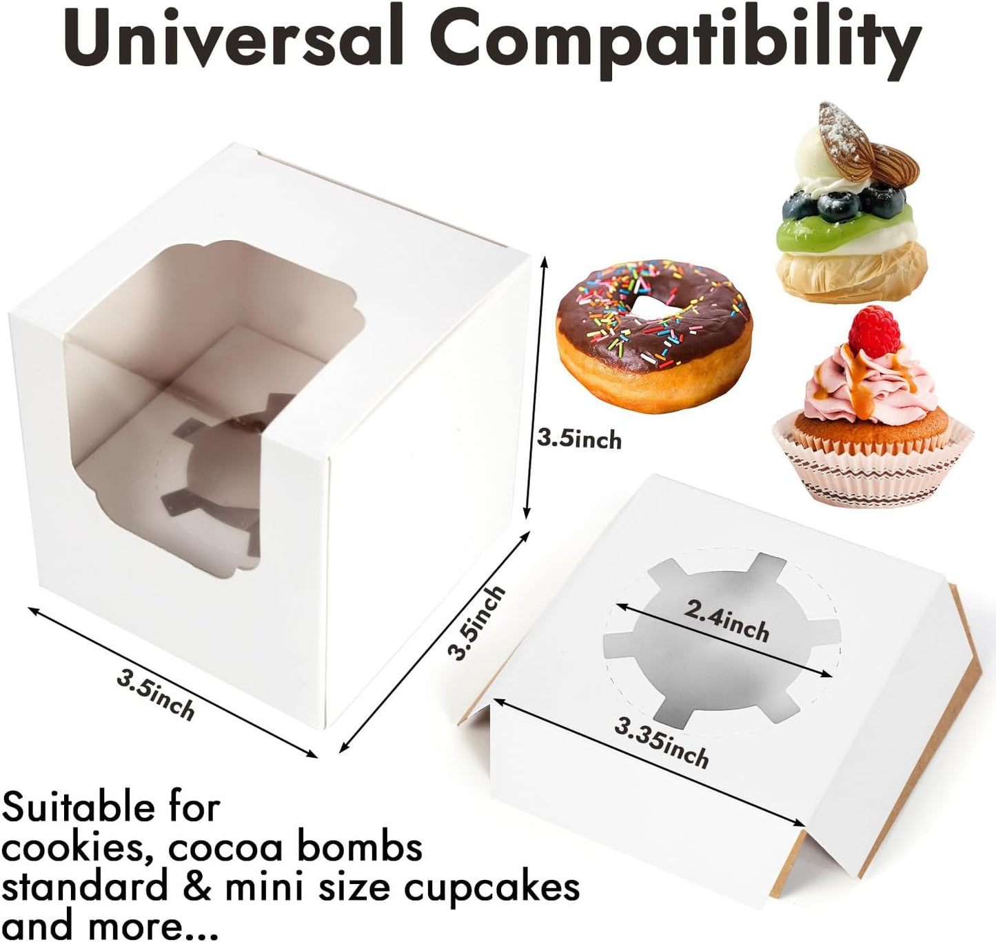 JCD 70pcs Cupcake Boxes, 3.5inches Auto-Pop up Single Individual Pre-Assembled White Cake Boxes with Window and Inserts Single Cupcake Containers for Birthdays, Wedding(White/70Pcs)