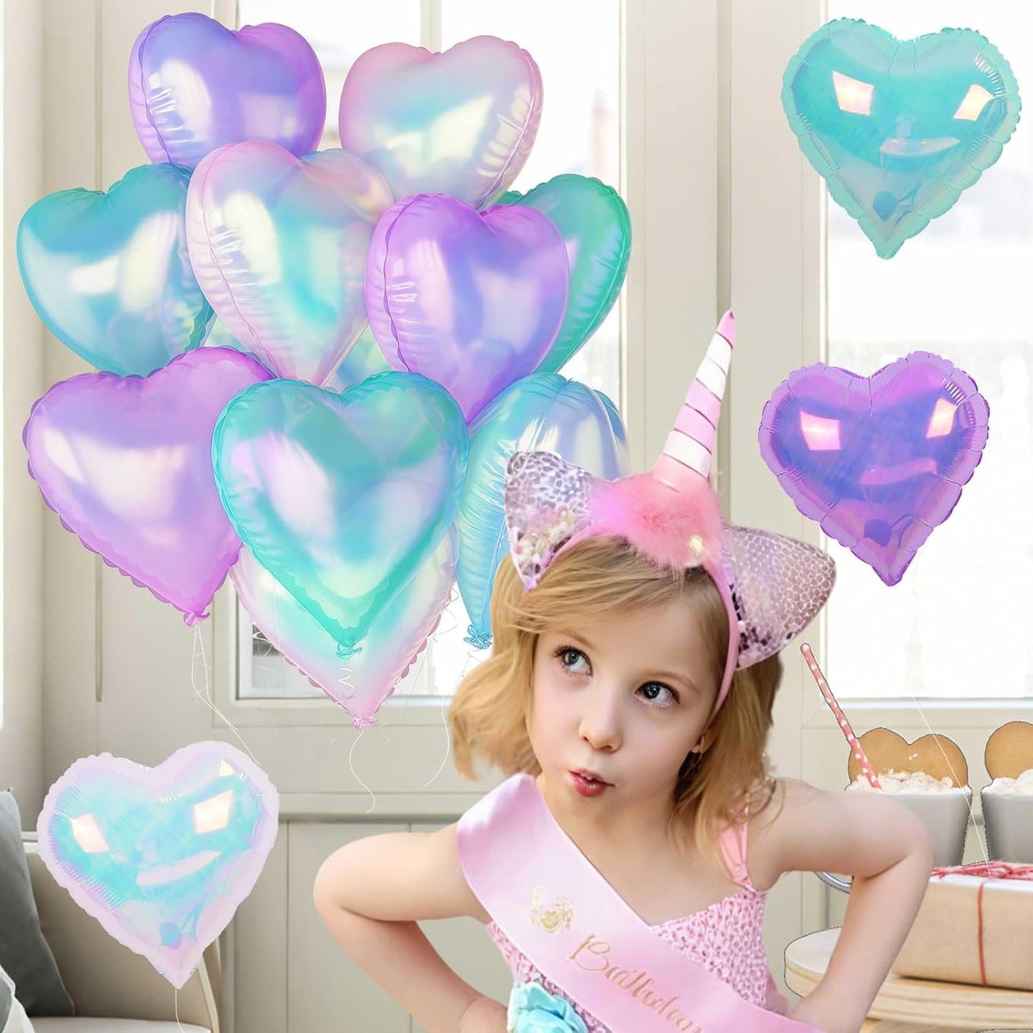 Iridescent Heart Balloons, 12Pcs 18Inch Transparent Crystal Heart Foil Balloon, Gradient Iridescent Pink Purple Green Balloon for Girls Women Princess Mermaid Birthdays Wedding Easter Party Decoration