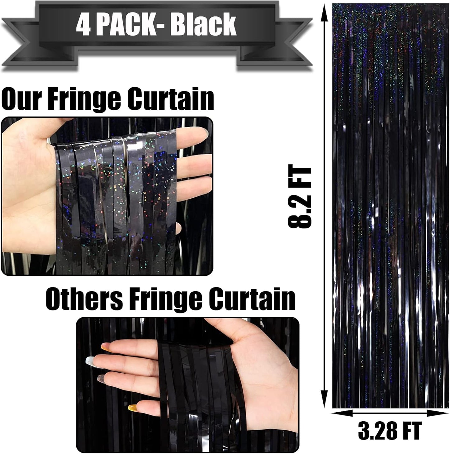 4 Pack Black Tinsel Foil Fringe Curtain Backdrop, 3.28Ft x 8.2Ft Metallic Streamers for Photo Booth Props Wedding Bridal Shower Bachelorette Birthday Halloween Christmas Party Decoration