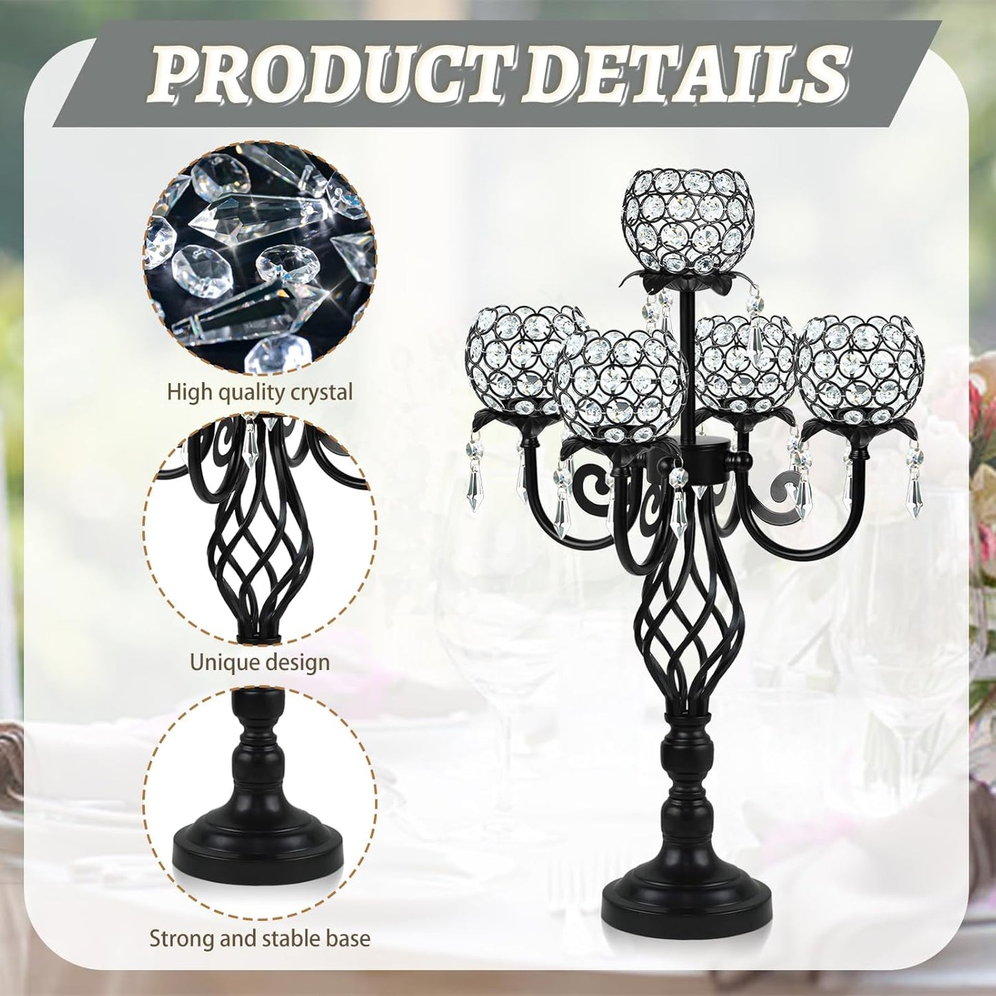5-Arm Crystal Candelabra Centerpiece 23.2" Tall - Elegant Candle Holder Stand with Crystal Bowl, Chic Table Decor for Weddings, Parties, Anniversary & Home Decoration (2, Black)