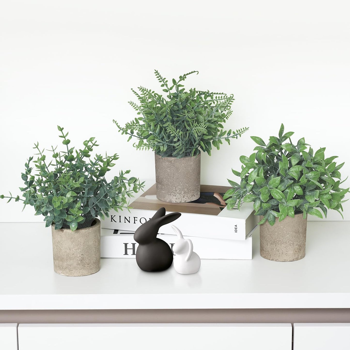 3 Pack Small Fake Plants, Artificial Eucalyptus, Boston Fern & Boxwood Leaves with Gray Paper Pulp Pots, Small Potted Faux Greenery for Home Decor, Bathroom, Shelf, Indoor&Outdoor Decoration