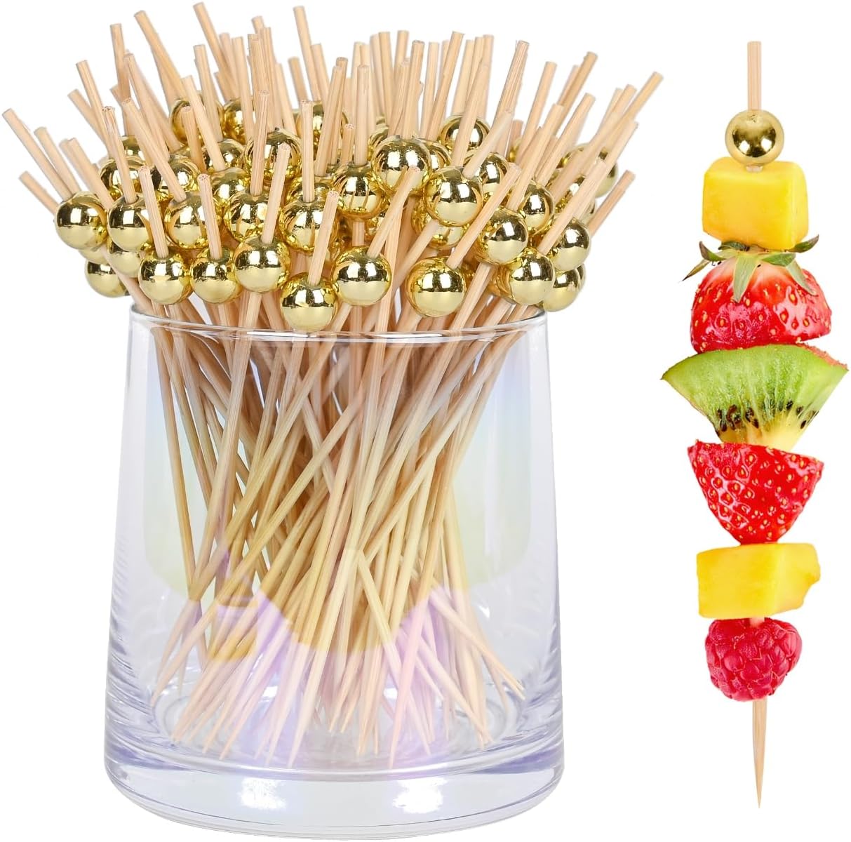 300Pcs Fancy Toothpicks for Appetizers,4.7Inch Gold Pearl Cocktail Picks For Drinks,Bamboo Appetizer Skewers for Charcuterie Boards Accessories,Martini, Sandwich,Desserts,Fruit,Gold Party Decorations