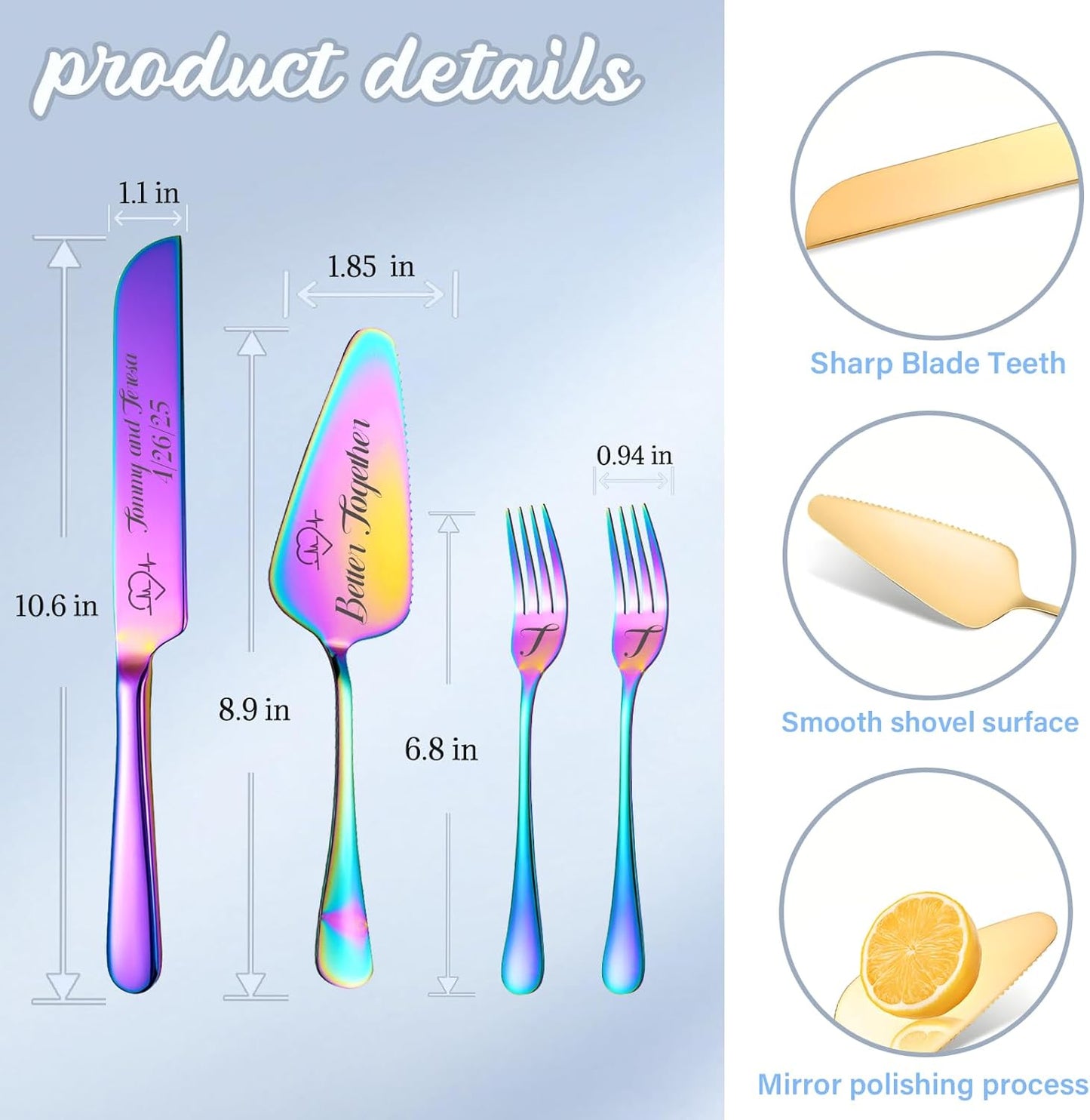 Personalized Wedding Cake Knife and Server Set, Custom Names Cake Cutting Set with Stainless Steel Forks, Customized Bridal Anniversary Birthday Wedding Registry Gifts (Multicolor)