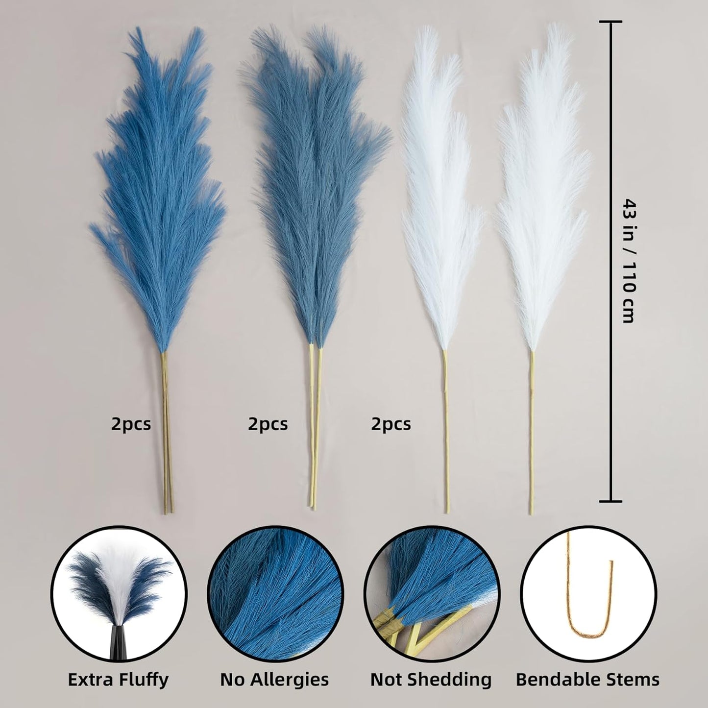 Pampas Grass Decor Tall, 43"/110cm Faux Pampas Grass 6 Stems Large Pompass Grass Branches Tall Bulk Boho Flower Arrangement for Home Room Wedding Party Decor