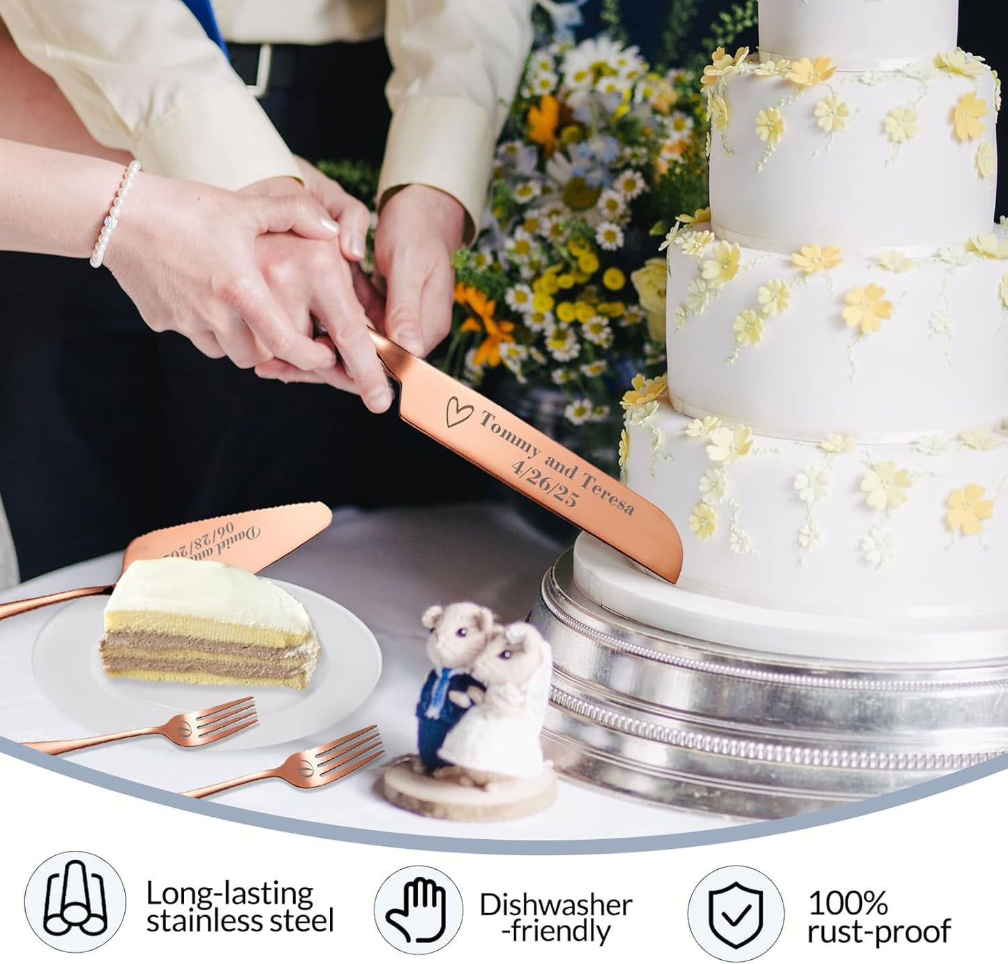 Personalized Wedding Cake Knife and Server Set, Custom Names Cake Cutting Set with Stainless Steel Forks, Customized Bridal Anniversary Birthday Wedding Registry Gifts for Couple (Rose Gold)