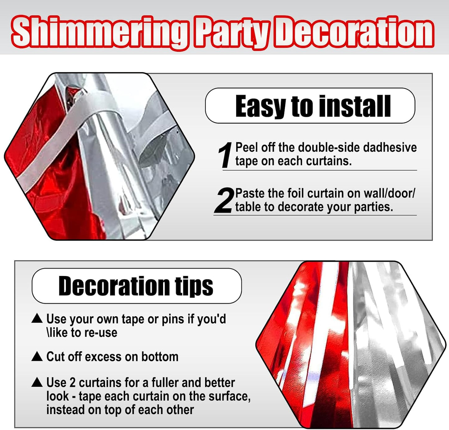 3 Pack Red Silver Foil Fringe Curtain Backdrop, 3.28Ft x 8.2Ft Metallic Tinsel Foil Fringe Streamer Curtains for Photo Booth, Christmas Day, Thanksgiving, Wedding, New Year Party Decorations