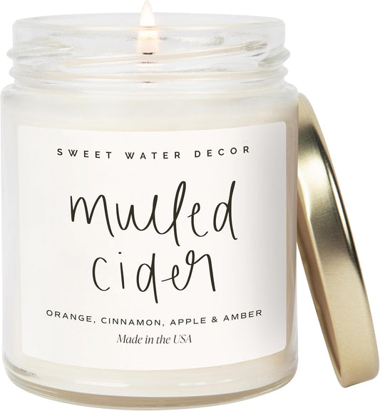 Sweet Water Decor Mulled Cider Candle - Fall Scented with Cinnamon, Icing and Cinnamon Buttery Pastry for Home - Fall Soy Candle with 40 Hours Burn Time - 9Oz Gold Lid Clear Jar Mulled Cider Scents
