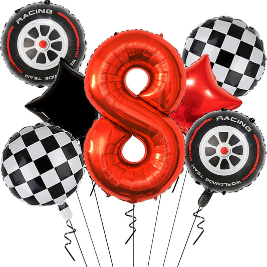 Race Car Birthday Decorations - 40 Inch Mylar Red Number 8 Balloons - Black Foil Checkered Race Car Balloons for 8st Birthday Race Cars Themed Party Decorations Supplies