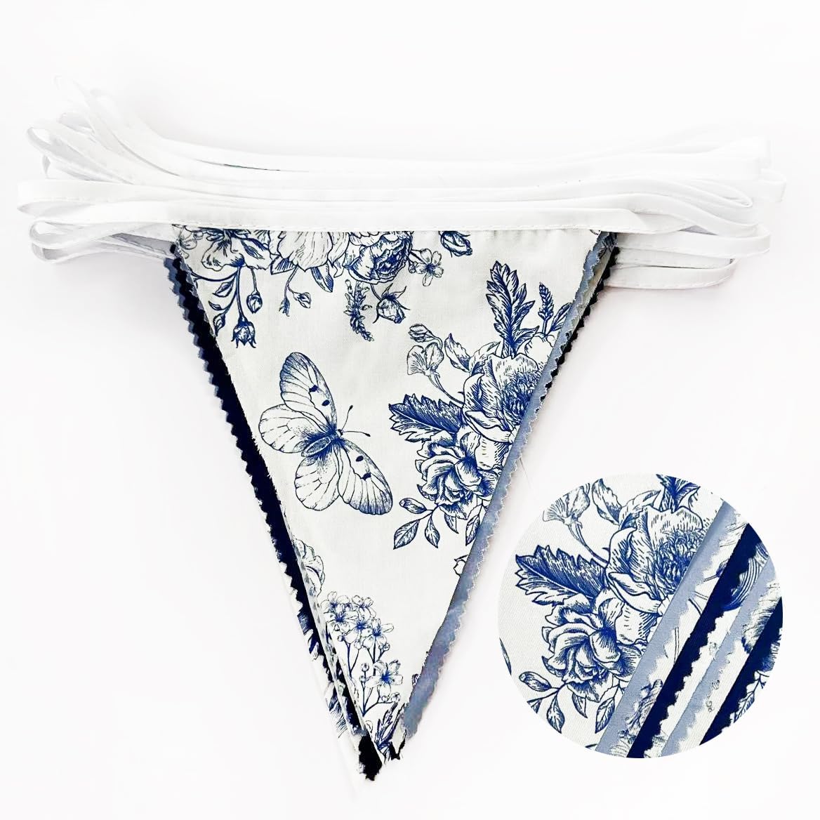 32Ft Blue Floral Party Decorations Vintage Blue White Flower Pennant Banner Fabric Triangle Flag Garland Streamers for Floral Wedding Porcelain Birthday Baby Bridal Shower Garden Tea Party Decor