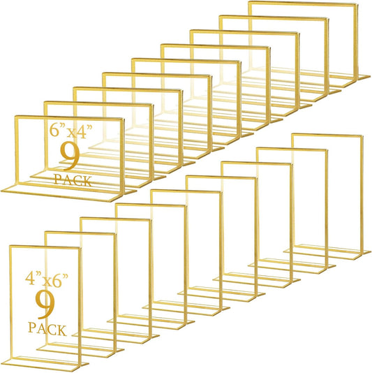 Hoteam 18 Pack Acrylic Sign Holder 4 x 6 Inch Gold Frames Wedding Table Number Holders, Double Sided Picture Frame Clear Display Menu Stand for Home Photo Flyers Wedding Party (Horizontal, Vertical)