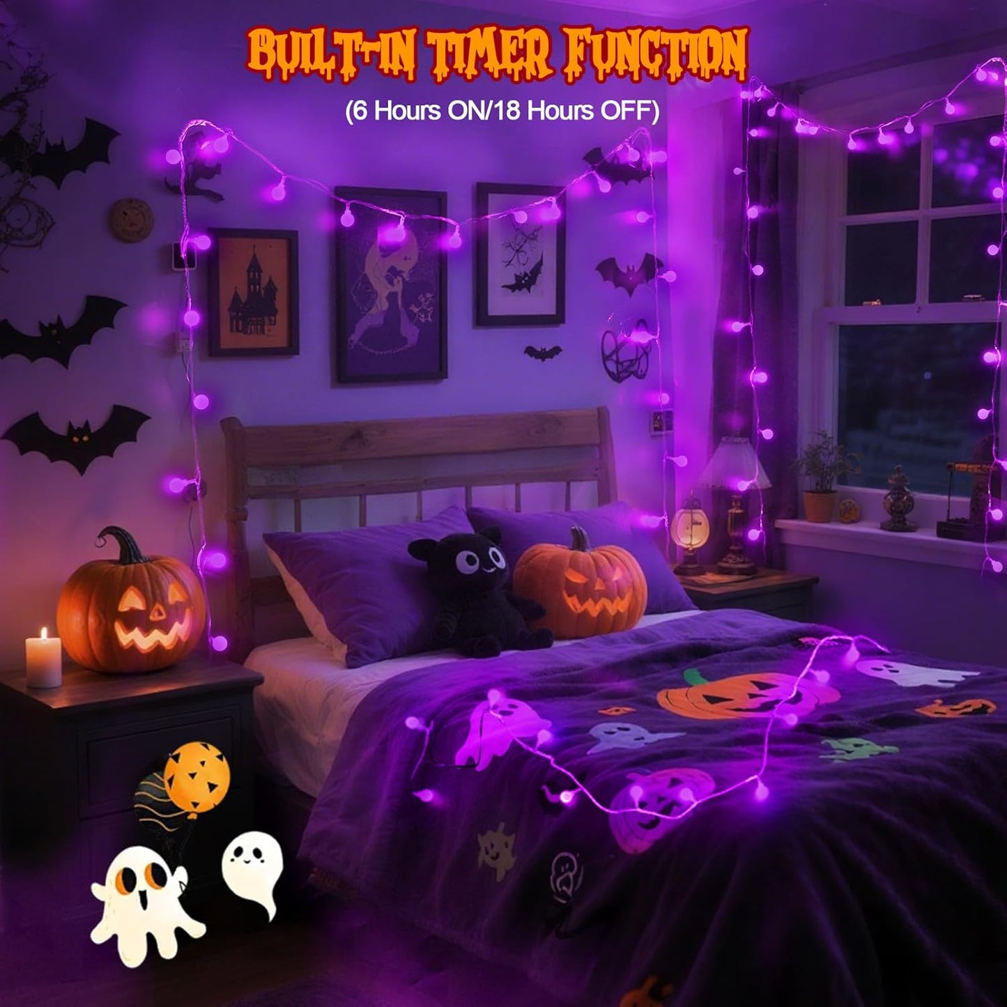 Connectable Purple Halloween Lights Outdoor Indoor - 43FT 100LED Globe String Lights Plug in with Timer, 13 Modes Fairy Light Waterproof for Party Halloween Decorations Bedroom Decor