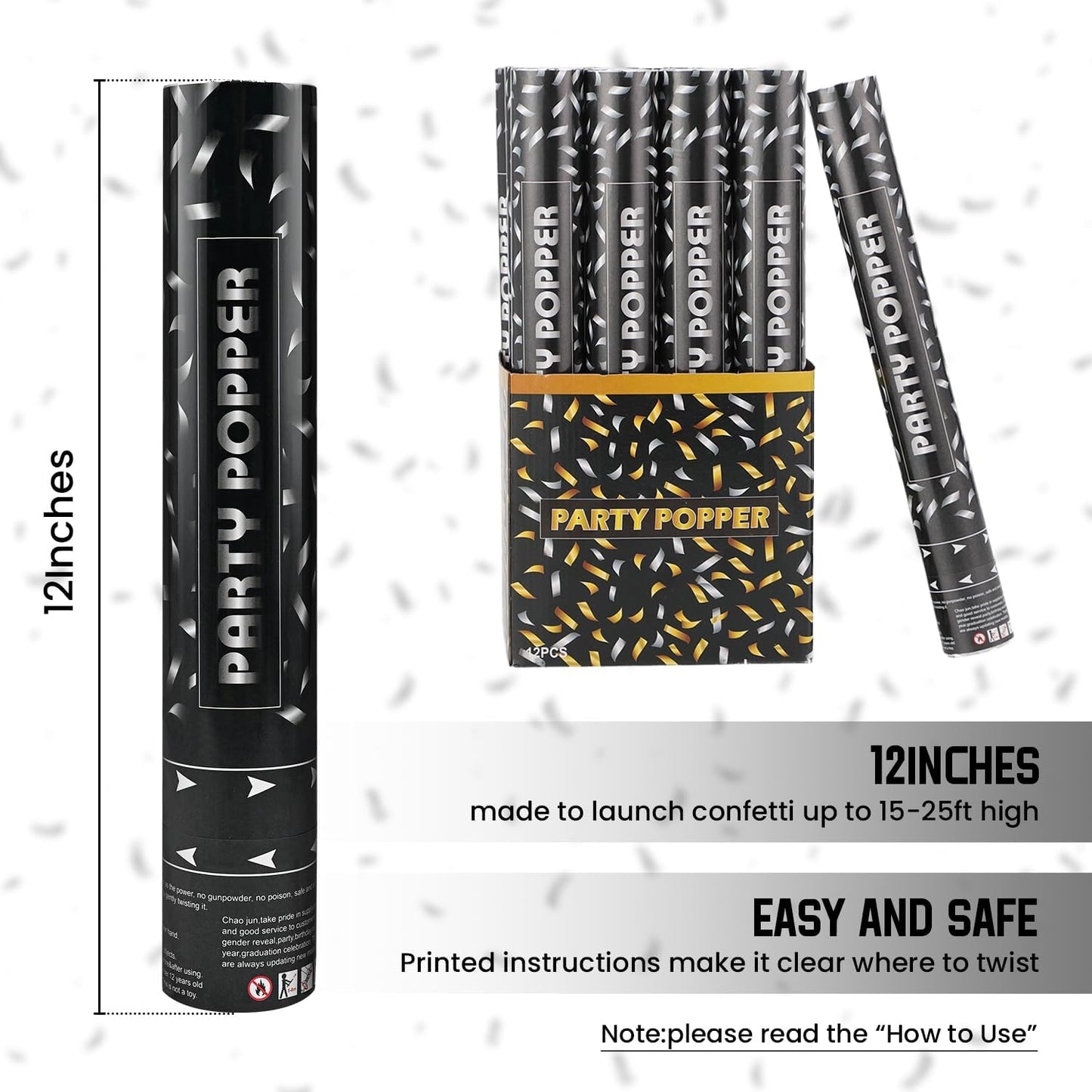 Party Poppers Confetti Cannon 12 Pack Silver Poppers 12 Inch Party Shooters Mylar Confetti Silver Foil Confetti Cannons Bulk for Wedding Birthday Graduation Baby Gender Reveal Christmas New Year