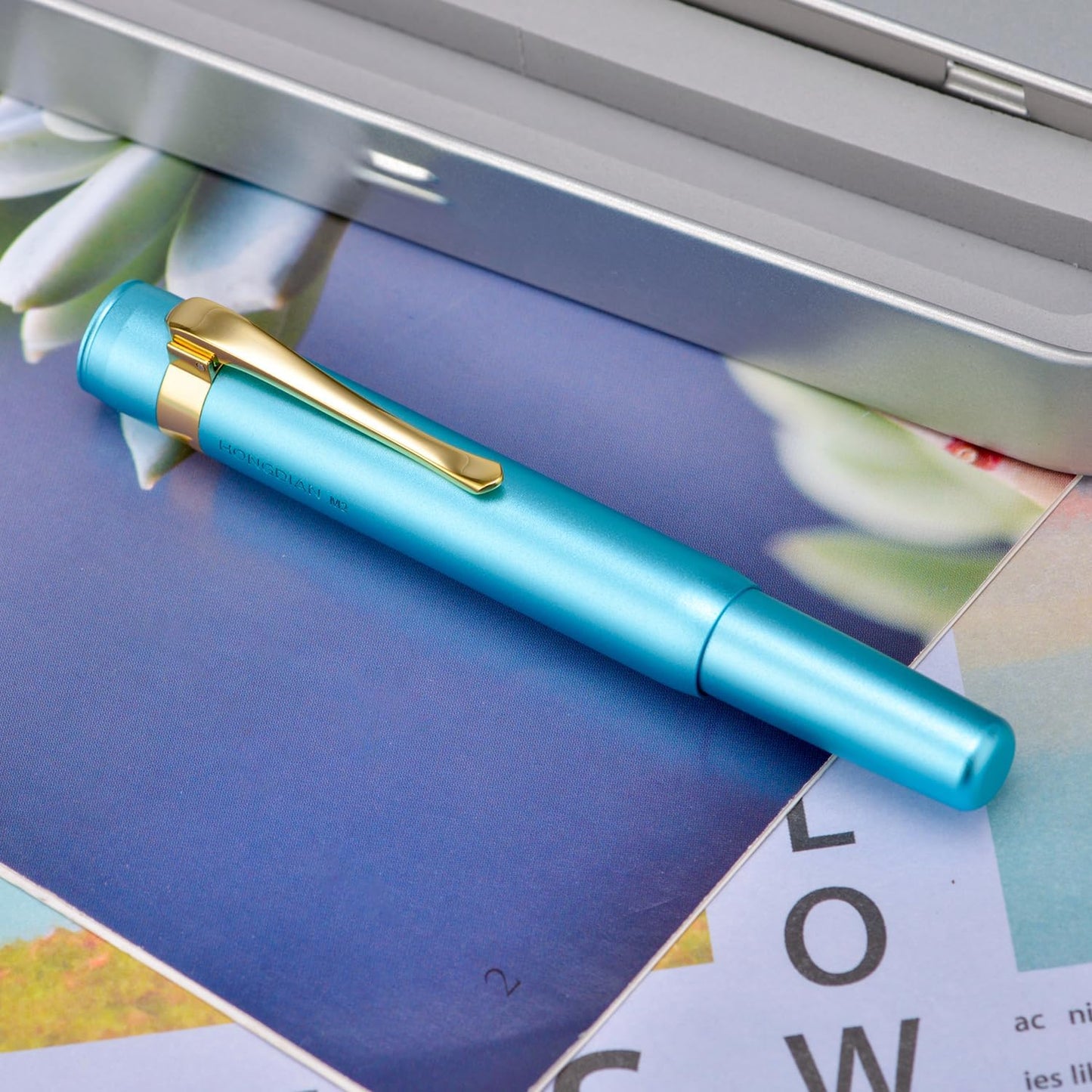 HONG DIAN M2 Black Forest Mini Fountain Pen, Long Blade Nib & Sleek Shape Aluminium Short Pocket Travel Pen (Lake Blue)