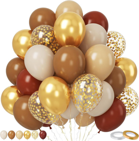 Paready Brown and Gold Balloon Set, 50Pcs 12 Inch Tan Apricot Sand White Metallic Confetti for Bridal Shower Baby Shower Fall Birthday Party Decorations