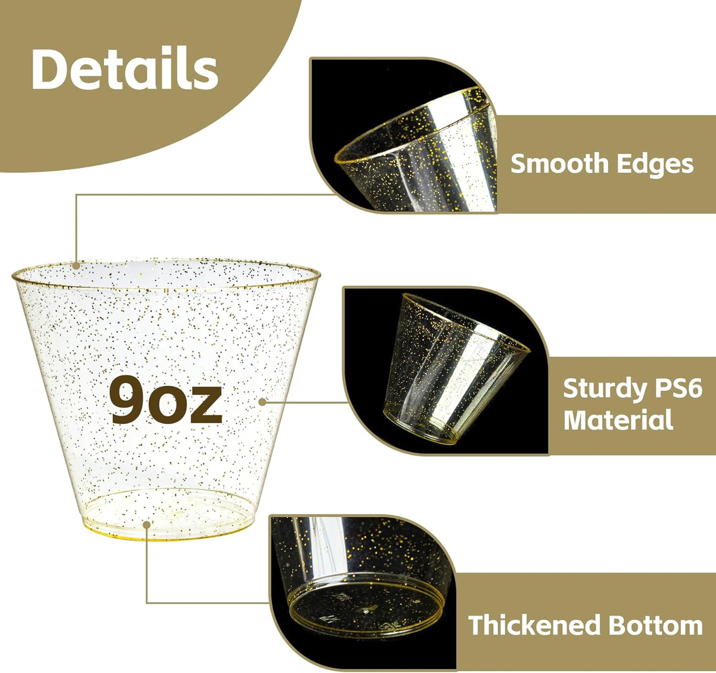 [100 Pack] 9oz Plastic Cups with Gold Glitter Sturdy & Food Safe Disposable Wine Glasses Party Wedding Cups Disposable Drinking Cups Plastic Cocktail Glasses for Wine, Cocktails & Cold Beverages