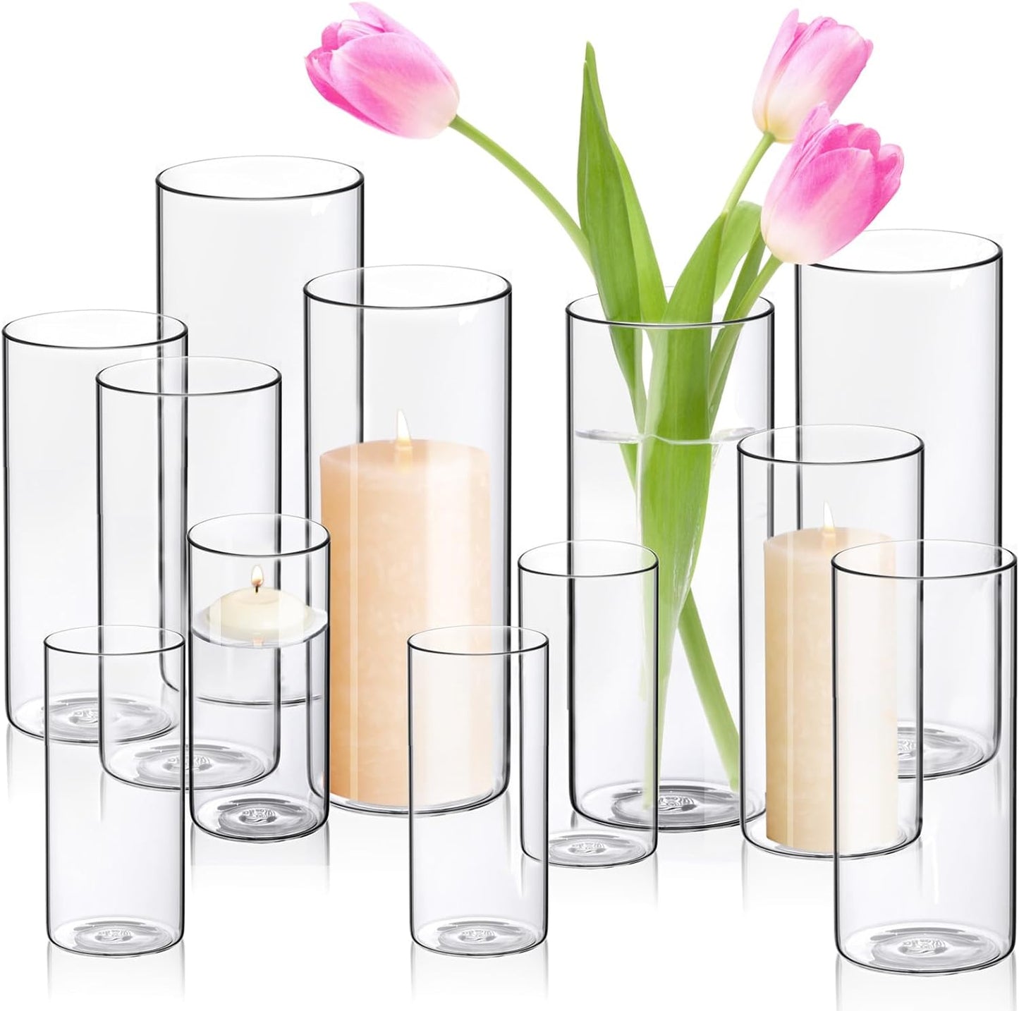 Hurricane Candle Holders 24 PCS Cylinder Flower Vases, Pillar Votives Floating Candles Holder, Clear Glass Vase for Wedding Party Decoration 10" 7.8" 6"
