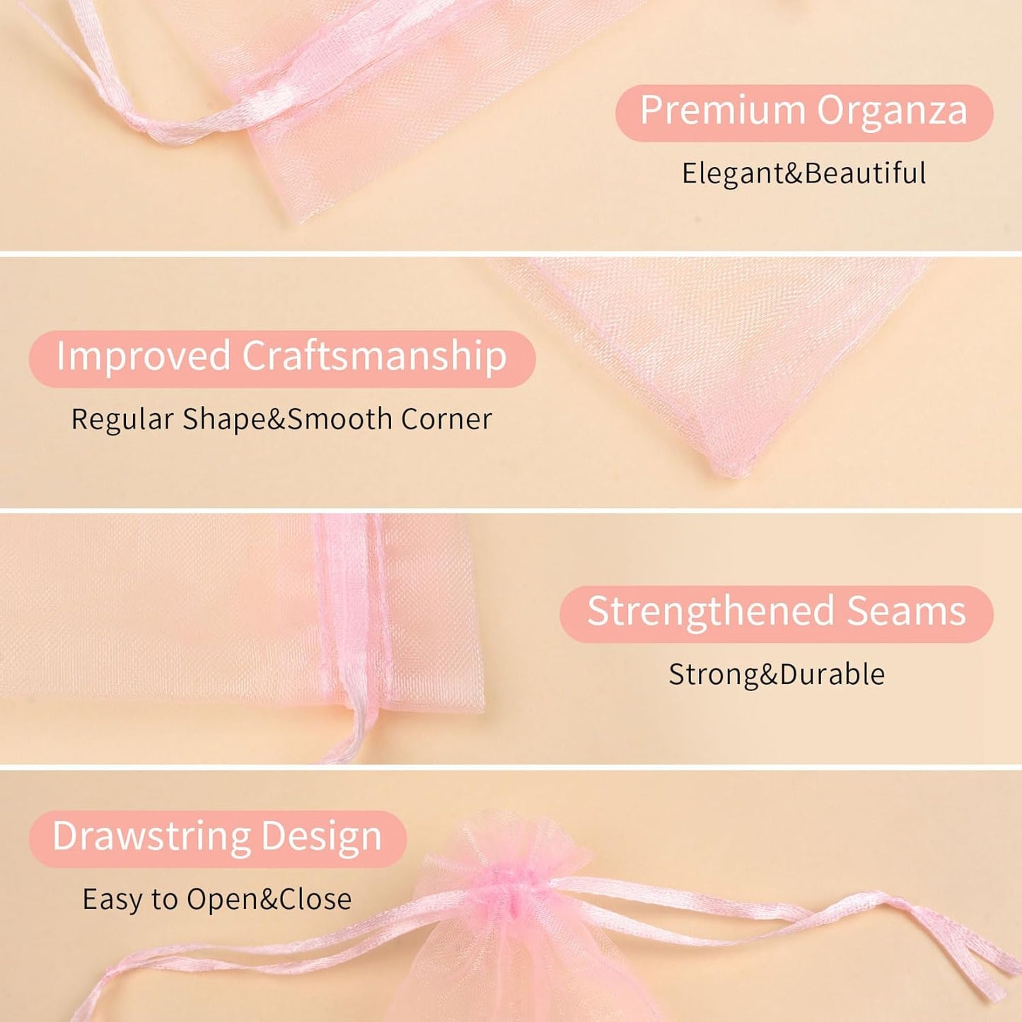 50 Pcs Pink Organza Bags 6x9 Inch, Mesh Drawstring Pouch Bags for Gifts, Jewelry, Wedding Party Favors