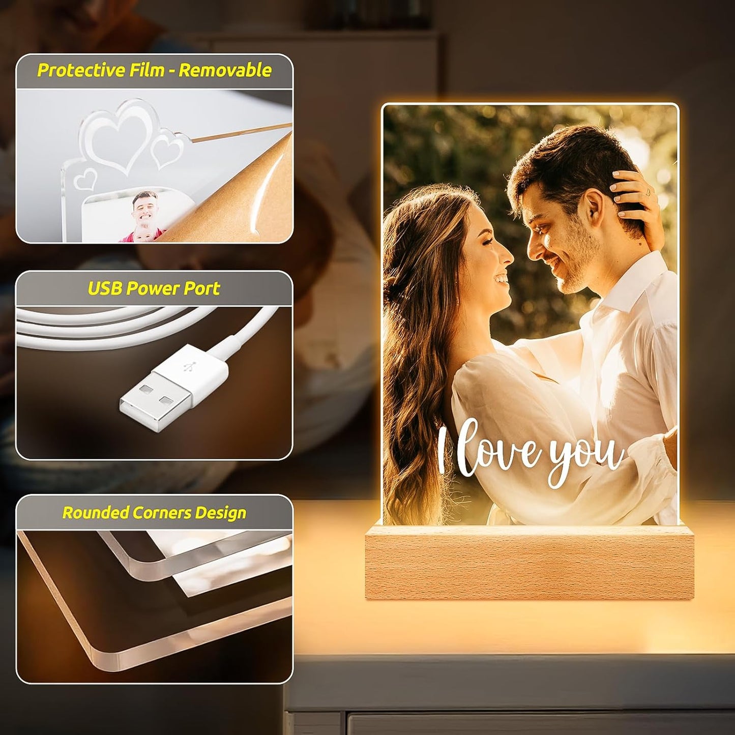 Custom Picture Frames with Photo, Personalized Photo Frame with Night Light, Customized Picture Frame, Personalized Anniversary Couple Gifts for Women Men Her Him Boyfriend Girlfriend