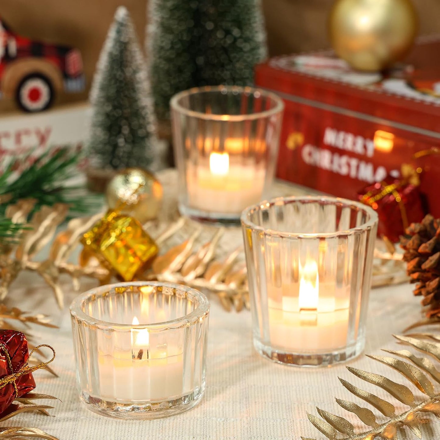 24 Pcs Ribbed Clear Votive Candle Holders – Glass Tea Light Candle Holder for Weddings, Baby Showers, Home Decor, Party Centerpieces, and Table Decoration