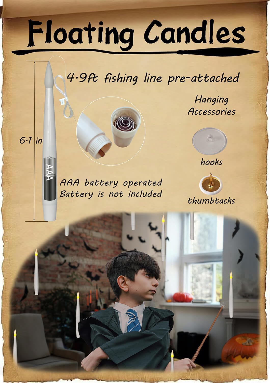 Leejec 20pcs Flameless Taper Floating Candles with Magic Wand Remote, Flickering Warm Light, Battery Operated 6.1" LED Electric Window Candle, Decor for Christmas, Wedding, Halloween, Birthday Party