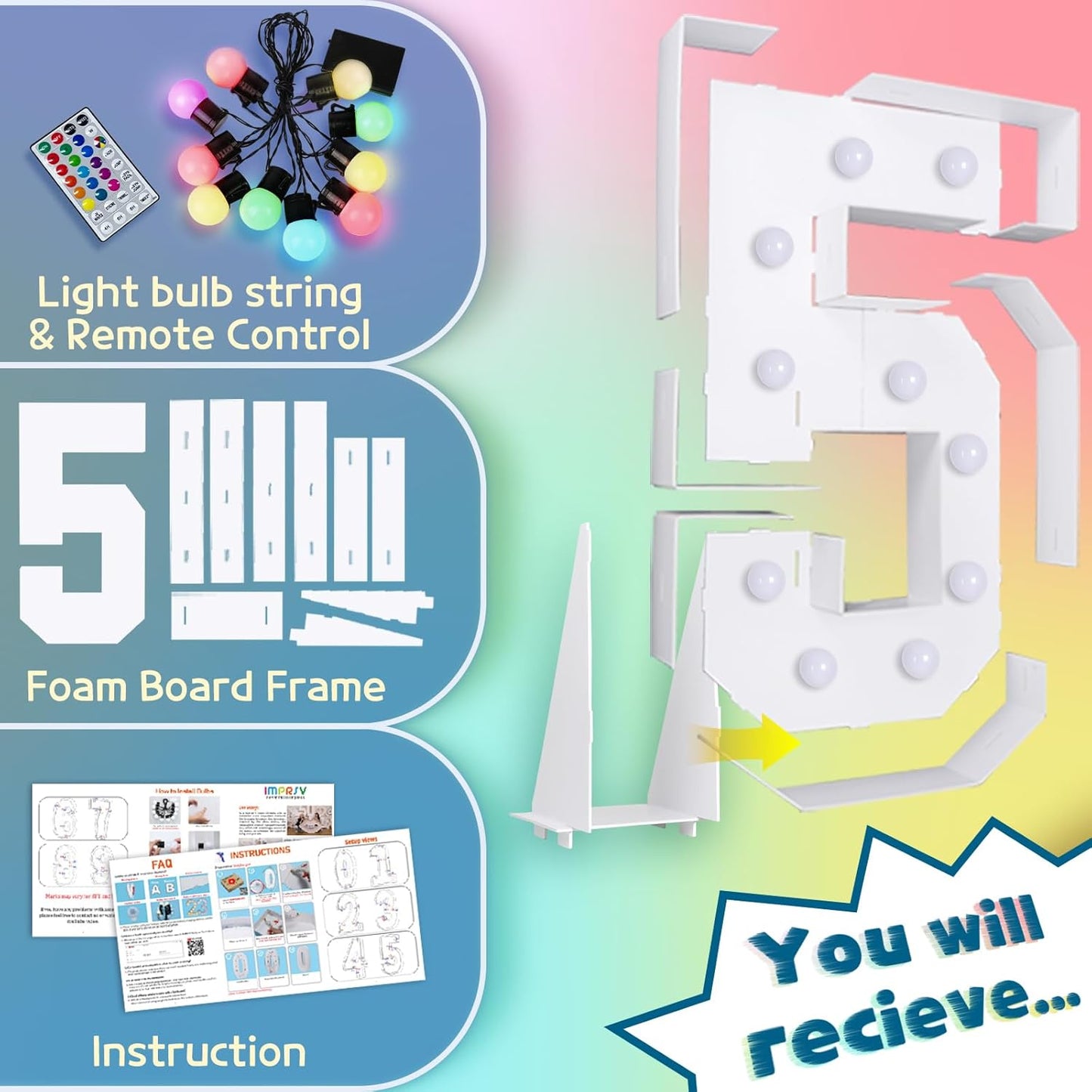 imprsv 4FT Colorful Marquee Numbers,18 Colors Number 5 with Remote, Light Up Numbers Sign for 50th Birthday Decorations Anniversary Party Decor, Pre-Cut Foam Board Kit, Mosaic Sign for Balloon