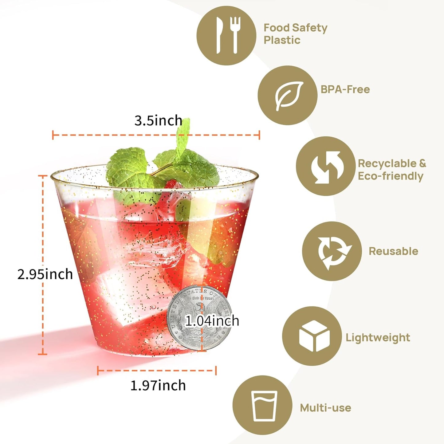 [100 Pack] 9oz Plastic Cups with Gold Glitter Sturdy & Food Safe Disposable Wine Glasses Party Wedding Cups Disposable Drinking Cups Plastic Cocktail Glasses for Wine, Cocktails & Cold Beverages