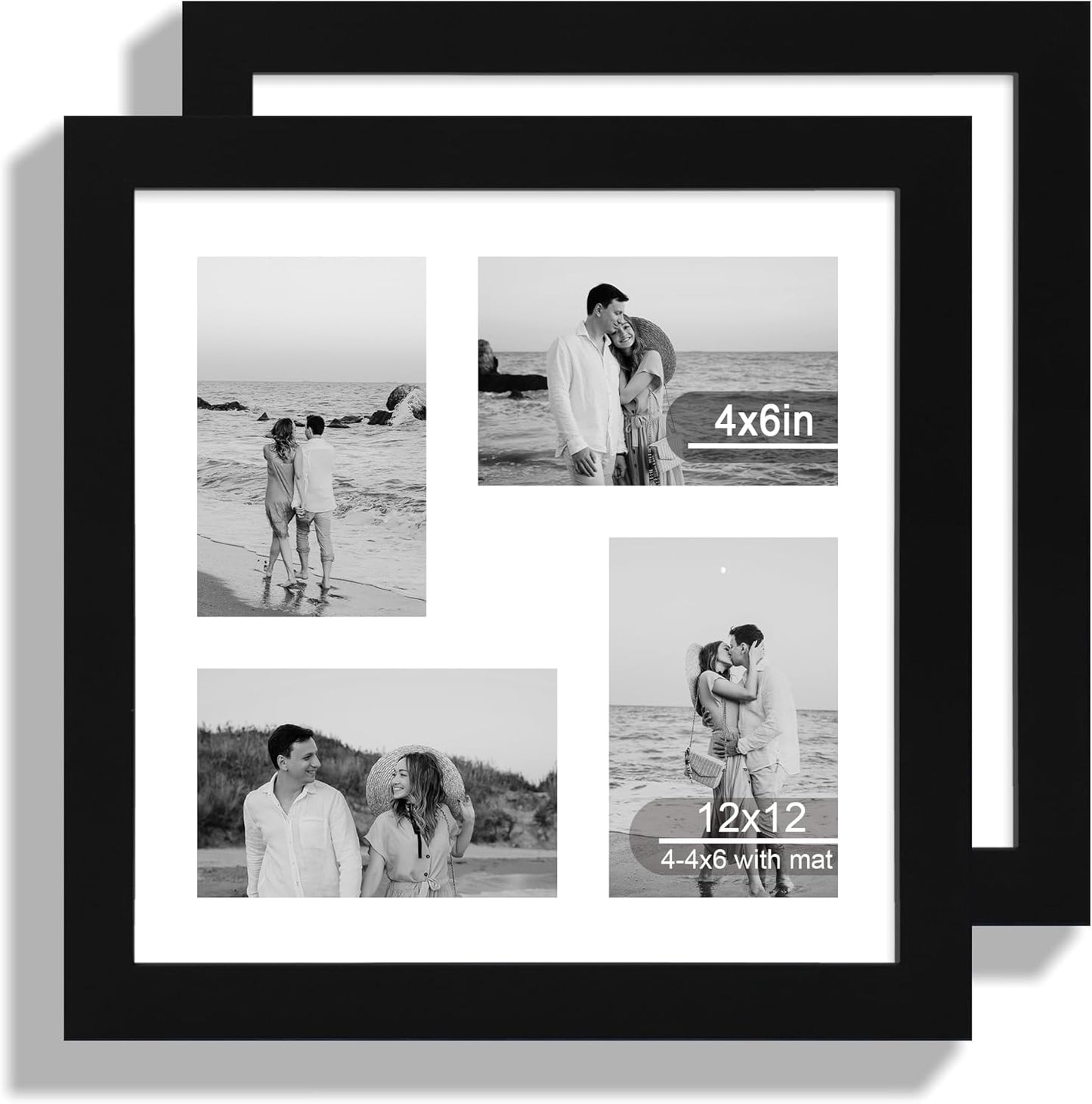 12x12 Picture Frame Set of 2, Black Wood Frame with Glass Collage Frame, Display Pictures 4-4x6 With Mat or 12 x 12 Without Mat, Square Photo Frames Collage for Wall Hanging or Tabletop