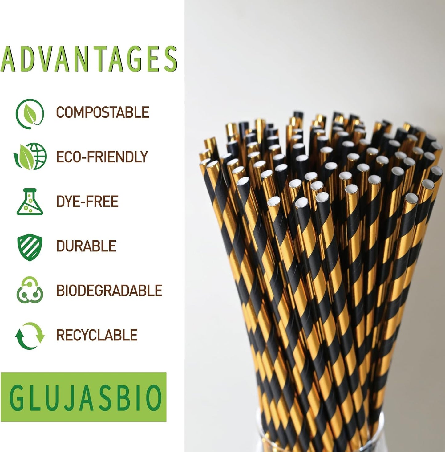 Disposable Paper Drinking Straws - Biodegradable Black Gold Striped Straws for Graduation, Birthday, Party, Bars, 7.75 inch