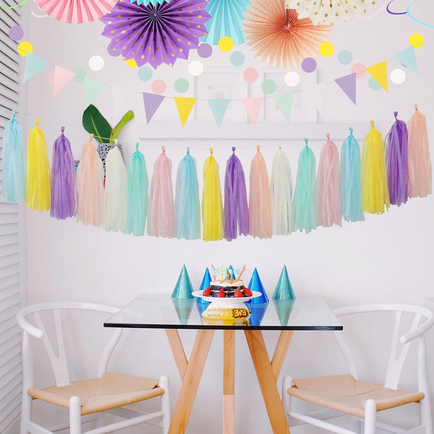 Pastel Rainbow Pink Purple Yellow Peach Party-Decorations - 33pcs Kits Banner,Streamers Tassel Garland,Tissue Pom Poms Honeycomb,Paper Lantern Fans,Birthday Wedding Bridal Baby Shower Decor Hugtmr