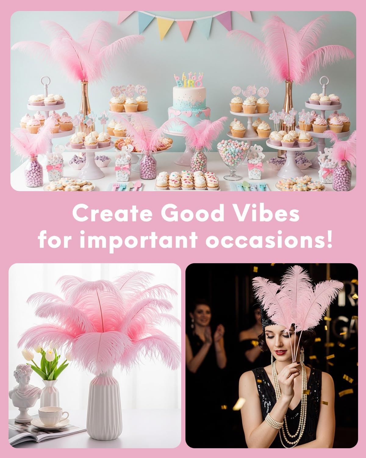 NEWONG 30pcs Light Pink Ostrich Feathers Natural Bulk 8-10inch（20-25cm) Vase Craft Wedding Home Party Centerpieces Christmas Day coquettish Valentine's Day Decoration