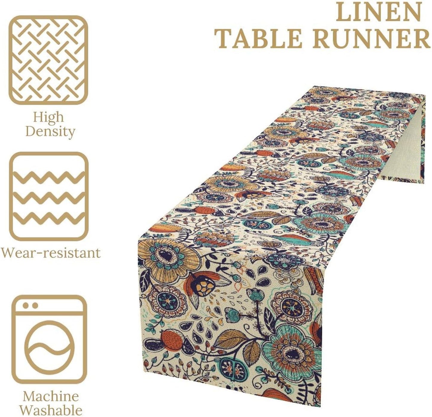 Boho Floral Table Runner,Vintage Flowers Tropical Plants Country Style Table Cloth Kitchen Dining Table Home Party Decoration 13x72 Inch