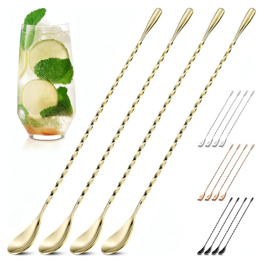 Bar Spoon Set of 4 – Gold Coffee Spoons for Pro and Home Use, Polished Stainless Steel Stirring Spoons with Twisted Spiral Handle - Cocktail Stirrers for Drinks Like Coffee, Smoothie, and Iced Tea