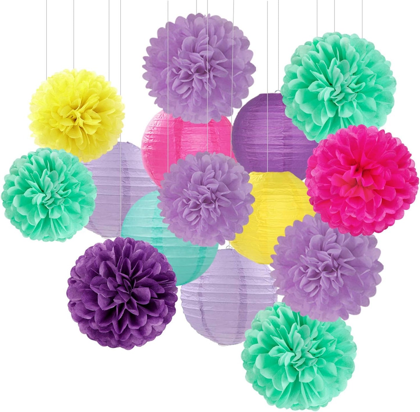 Hot-Pink Purple-Teal Yellow Paper-Flowers Lanterns - 15pc Kids Magic Theme Birthday Party Decorations Tissue Pom Poms Streamers,Bachelorette Bridal Baby Shower Engagement Wedding Decor Panduola