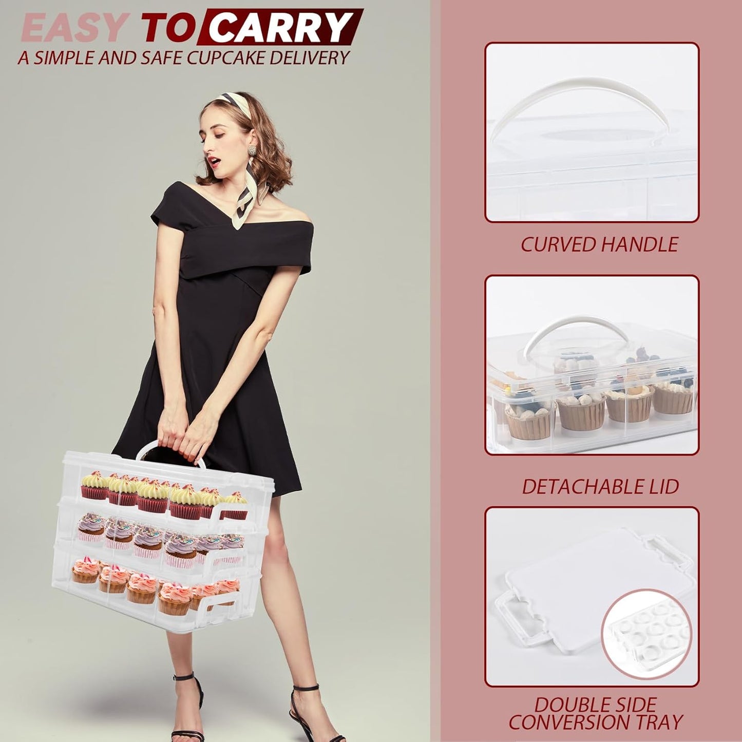 Cupcake Carrier, 3-Tiers Cupcake Containers, Holds 36 Cupcakes or 3 Large Cakes, Cupcake Holder, Cupcake Box with Lid and Handle (White, Basic)