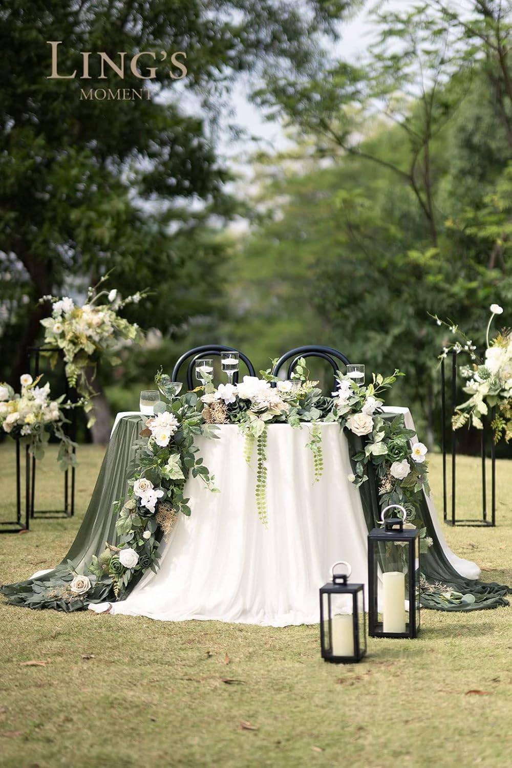 Ling's Moment 9FT Flower Garland for Backdrop Decoration - Wedding Arch Flowers, Eucalyptus & Rose, Artificial Floral Garland for Mantle - Sweetheart Table Decor for Ceremony, Christmas, Emerald Tawny