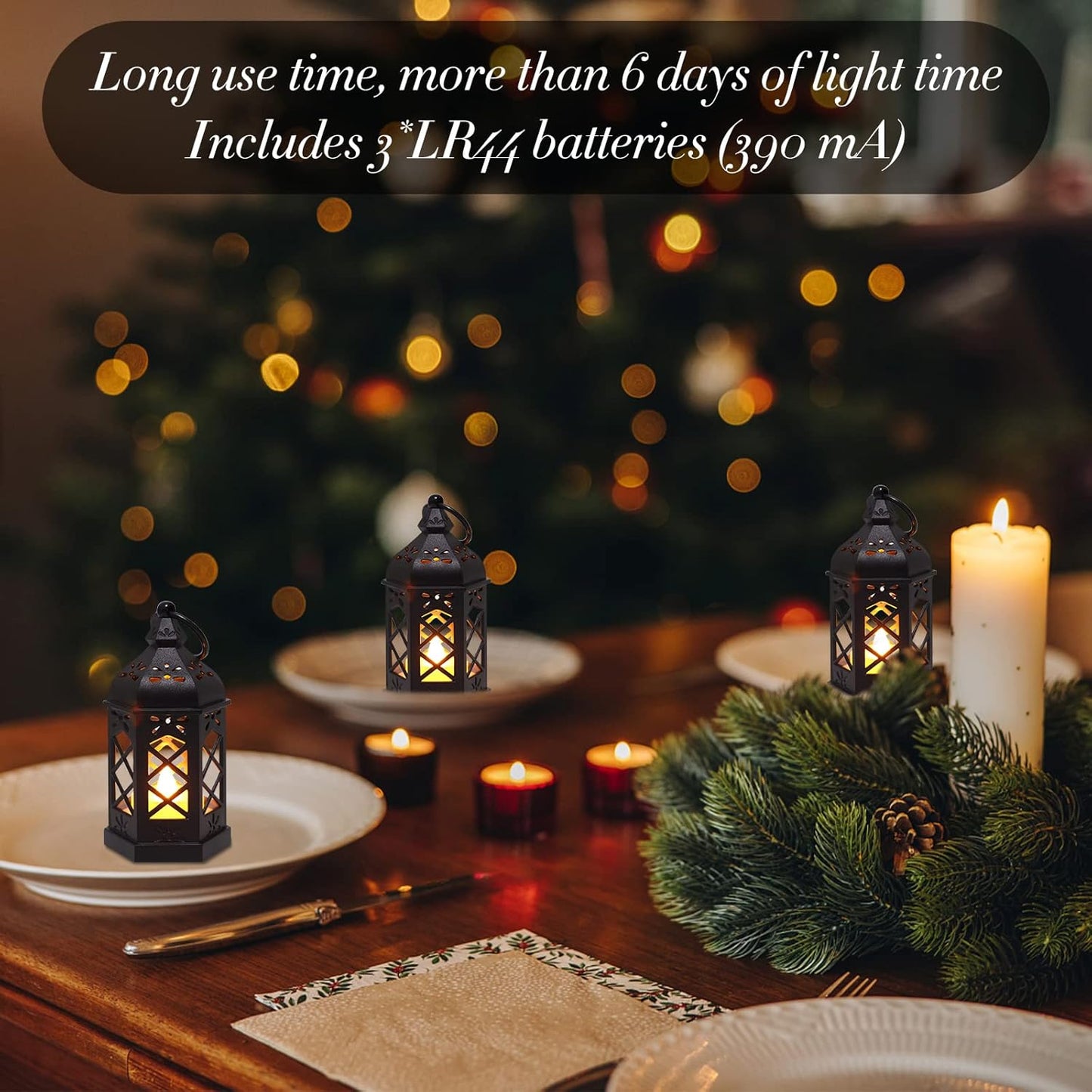 LLQ 12Pcs Mini Lantern with LED Candle, Small Black Lanterns Decorative for Halloween Decorations, Christmas Table Centerpiece, Flickering Candle Holders for Diwali Wedding Medieval Decor, Ornaments