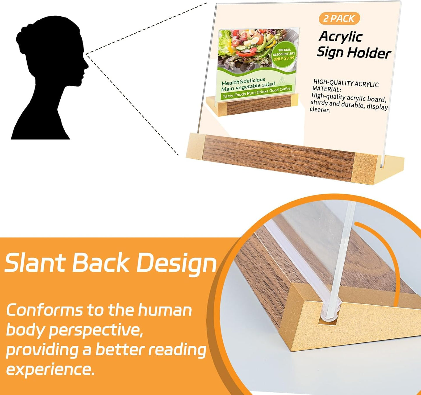 Acrylic Sign Holder 8.5x11 Inch with Wood-Color Base, Tabletop Display Sign Frame Horizontal Clear for Store/Coffee Shop/Restaurant Menu Display Hotel/Office Show Exhibitions Holder, 2 Pack L Shape