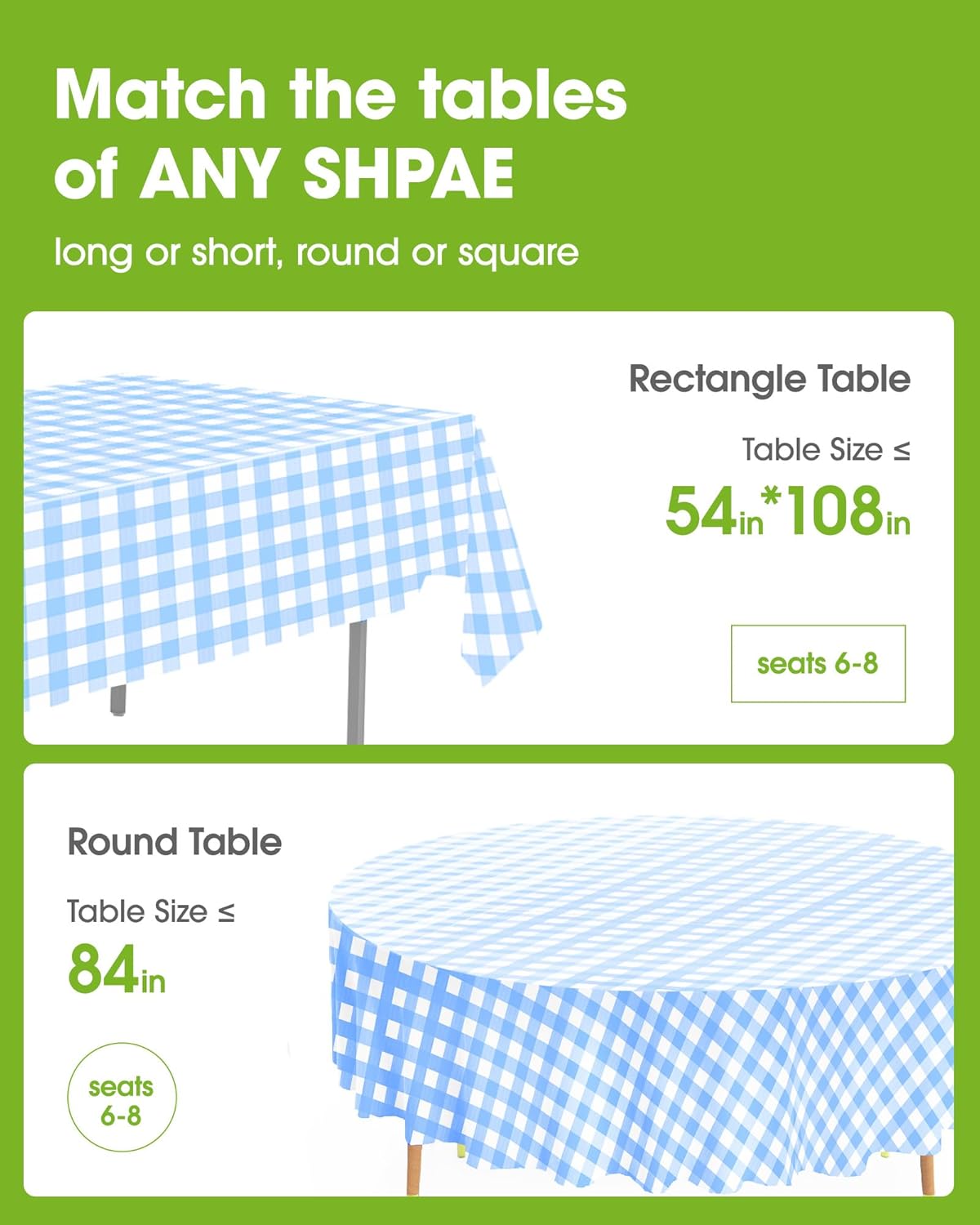 Pureegg Plastic Table Cloth Disposable 10 Pack, 54 x 108 Inch Table Cloths, Party, Picnic, Decorative Gingham Tablecloths, Rectangle, Blue and White Checkered Cover, Leakproof & Sturdy, Blue Plaid