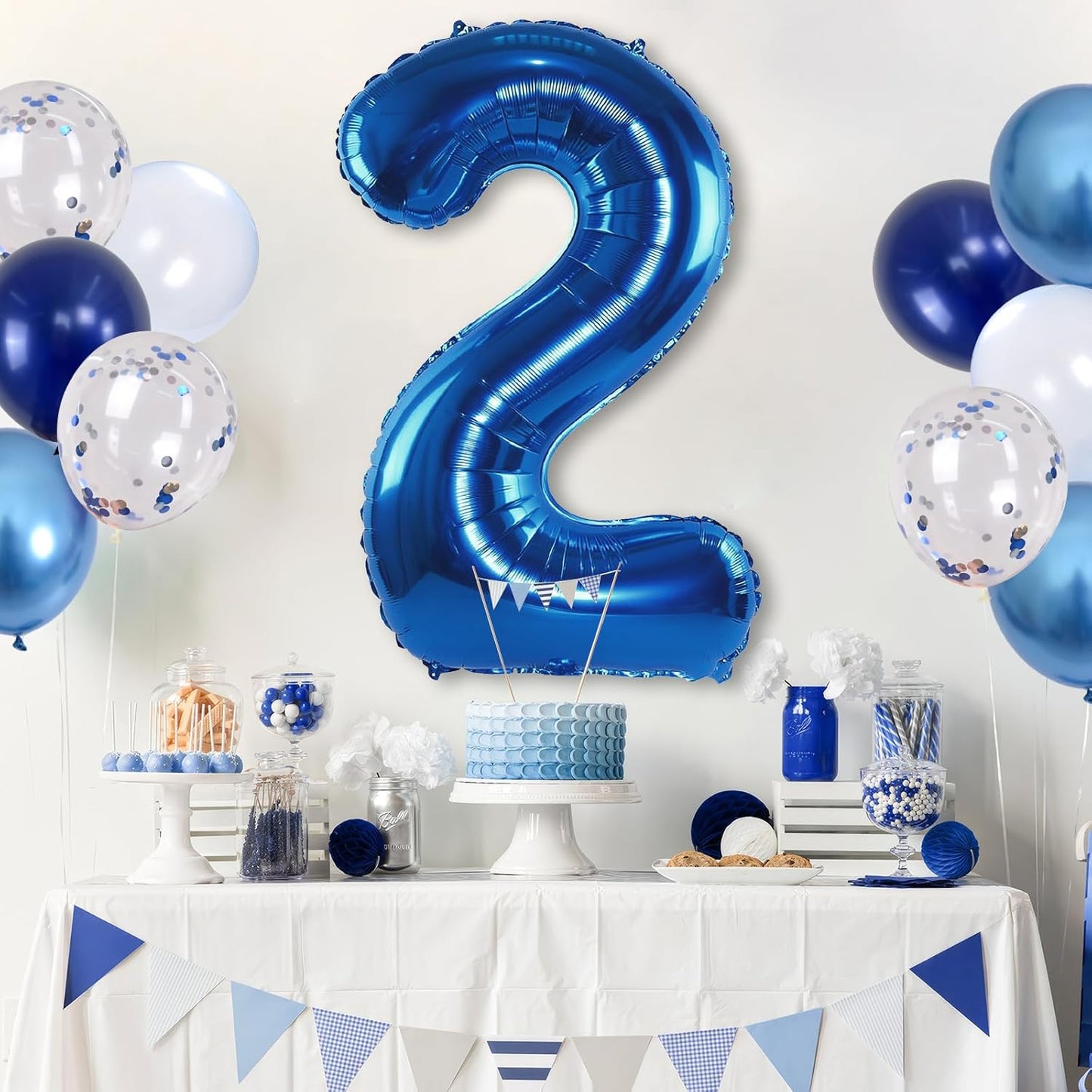 Foil Number Balloons - 2nd Birthday, Pastel Helium Balloons, 40 inch, Navy, Dark Blue, Silver Confetti, Self Inflating, Big Two, Boys' Birthday Party Decor