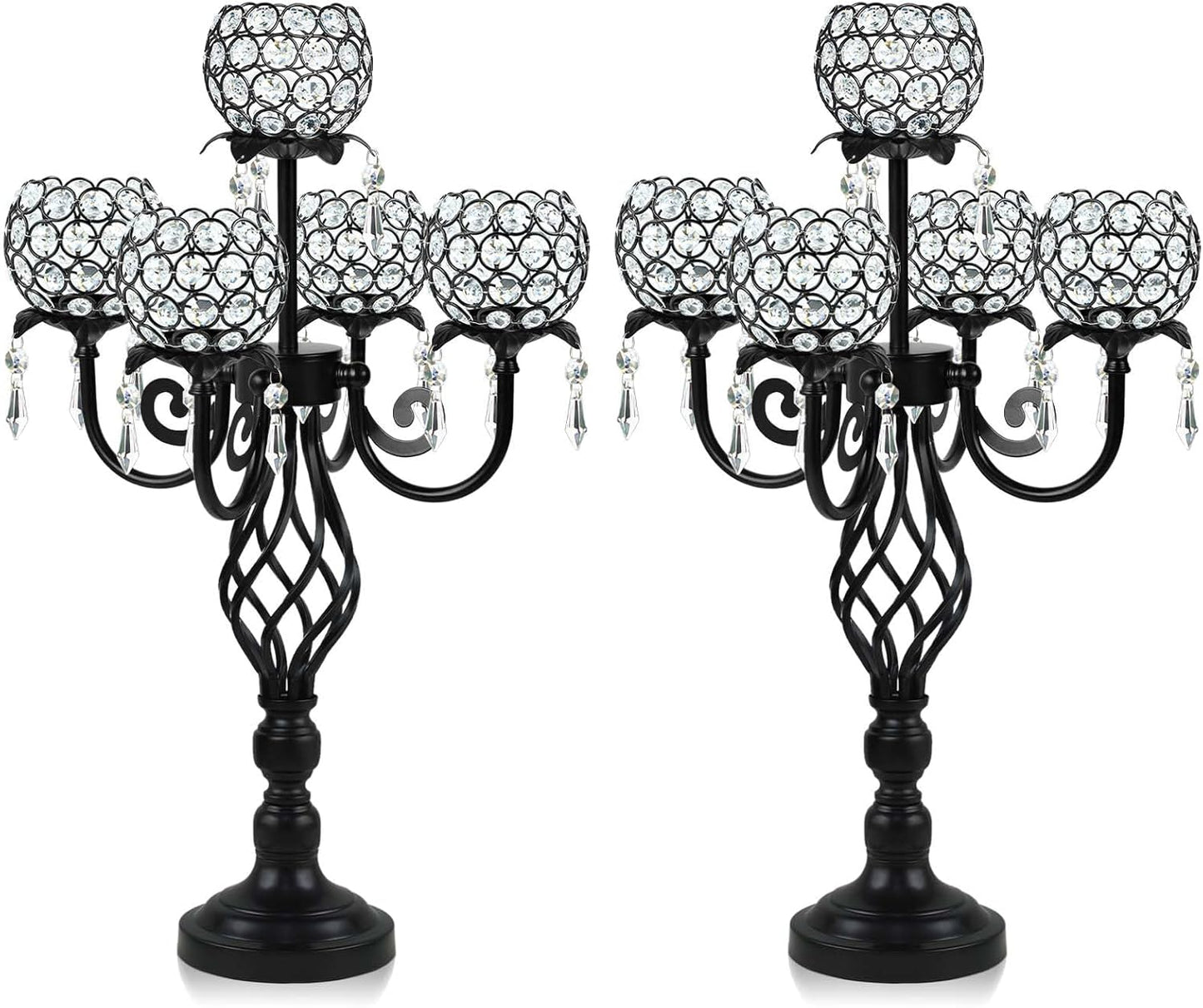 5-Arm Crystal Candelabra Centerpiece 23.2" Tall - Elegant Candle Holder Stand with Crystal Bowl, Chic Table Decor for Weddings, Parties, Anniversary & Home Decoration (2, Black)