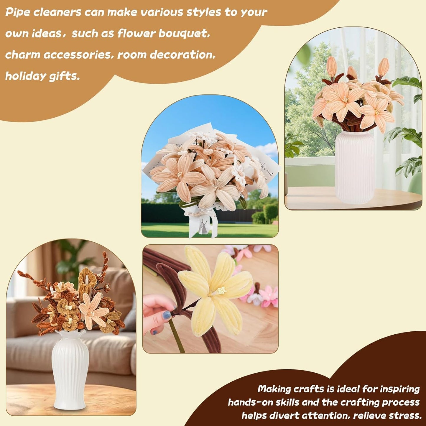 400 PCS Soft Pipe Cleaners Bulk,5 Colors Pipe Cleaners Craft for Flowers with Floral Wire,Gardening Tape,Greeting Card,Bouquet Paper,Hot Glue Stick,Stamen & Ribbon,Ideals for DIY Holiday Deco