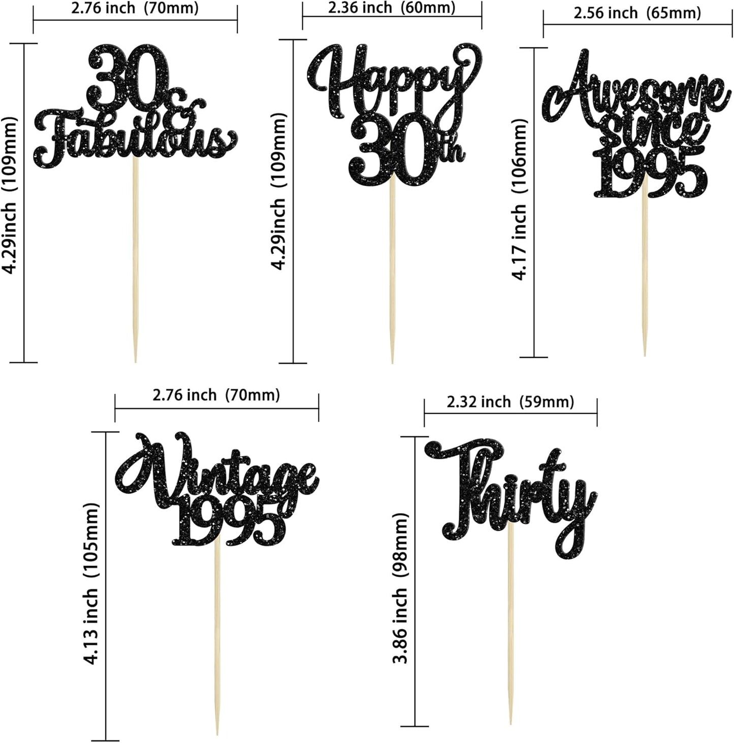 30Pcs Happy 30th Birthday Cupcake Toppers Glitter Thirty Vintage 1995 Cupcake Picks Cheers to 30 Fabulous Cake Decorations for 30th Birthday Wedding Anniversary Party Supplies Black