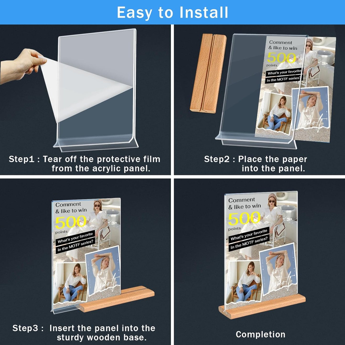 Kersally Acrylic Sign Holder 11 x 8.5'', 4 Pack Double-Sided Clear Table Display Stands with Wood Base,Horizontal Acrylic Frame Menu Flyer Paper Holder for Store, Restaurant, Hotel, Office, Show Fair