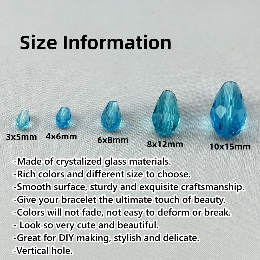 130pcs 6x8mm Teardrop Crystal Glass Beads for Jewelry Making, Faceted Vertical Hole Teardrop Glass Spacer Beads for Wind Chimes Bracelet Earring Necklace DIY Craft(Lake Blue)