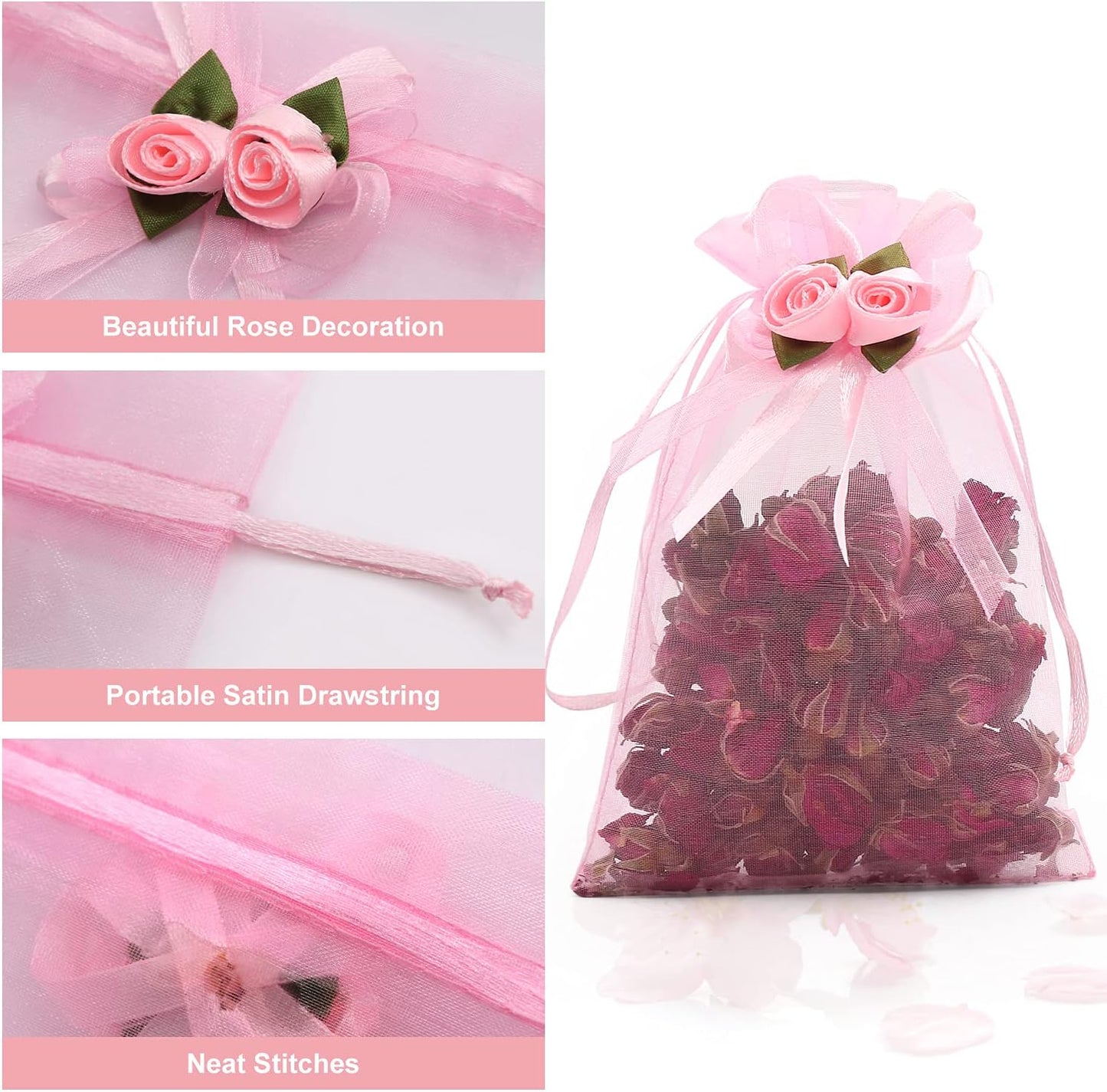 SumDirect Rose Organza Gift Bags - 50Pcs 4x6 inch Pink Wedding Favor Gift Bags, Jewelry Pouches with Drawstring for Party Wedding Christmas Valentine