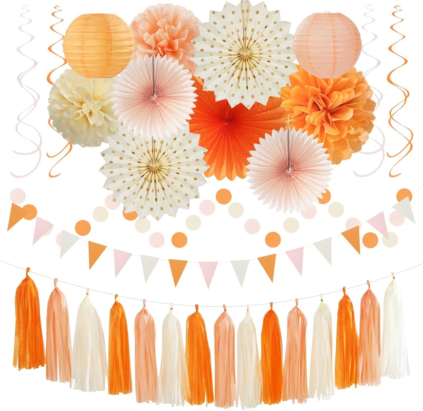 Orange-Beige Peach Fall-Boho Thanksgiving Party-Decorations - 31pcs Autumn Friendsgiving Banner,Streamers Tassel Garland,Birthday Tissue Pom Poms, Paper Lantern Fans,Bridal Shower Hanging Decor Hugtmr